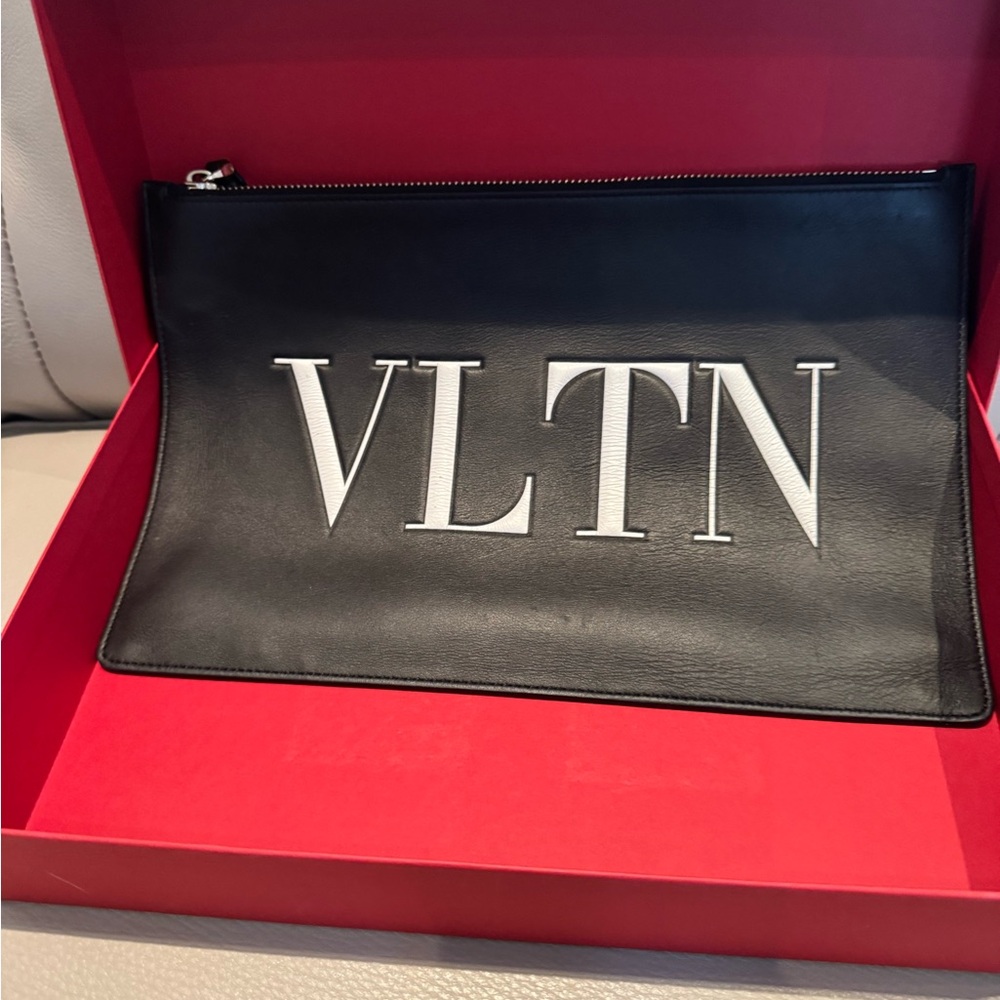 Valentino Garavani Black Leather VLTN Zip Pouch with White Logo